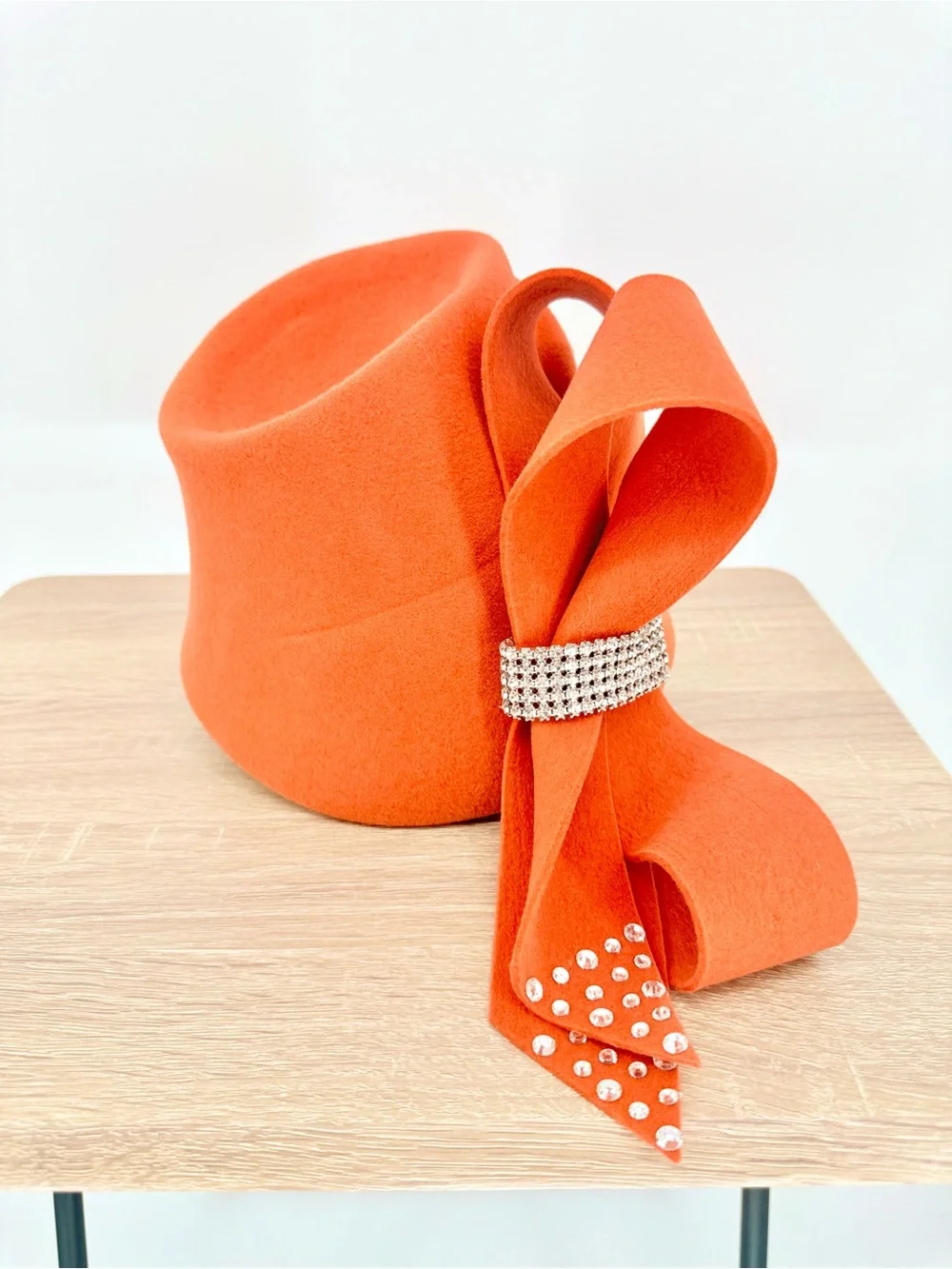 Vintage Tim Crawford Wool Cloche Hat Burnt Orange Rhinestone Bow Opening Day US